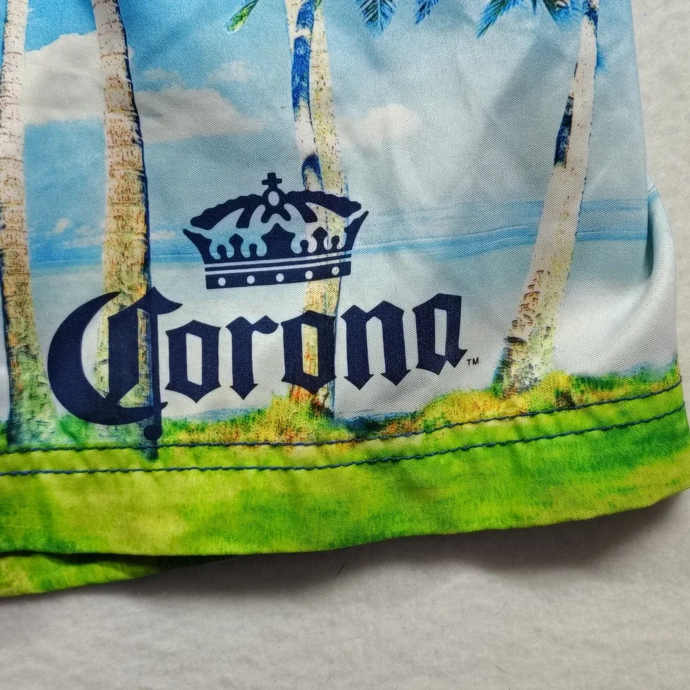 Corona Palm Tree Swim Trunks Men's Blue Board Shorts Beach‎ Vacation Size 34